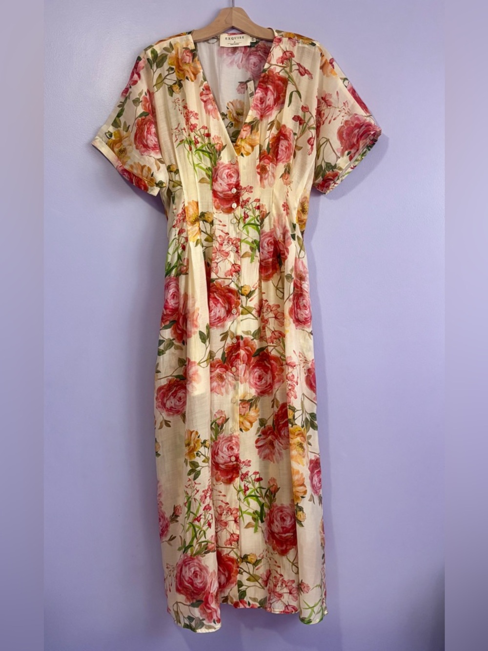 Floral V-Neck Button Front Midi Dress - Cream with Pink Roses - Picture 5 of 10